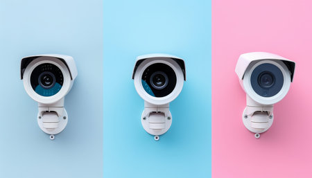 Modern white security cameras with holographic accents on pastel background for text placementの素材