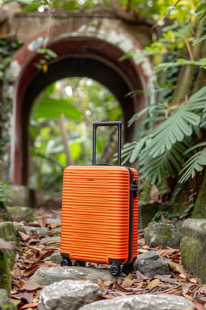 Travel suitcase at airport entrance, ready for exciting adventures and new journeysの素材