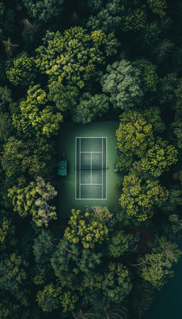 Aerial view of minimalist tennis court captured by drone for a simplistic perspectiveの素材