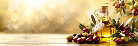 Golden olive oil bottles in rural field under morning sun, wide banner with copy spaceの素材