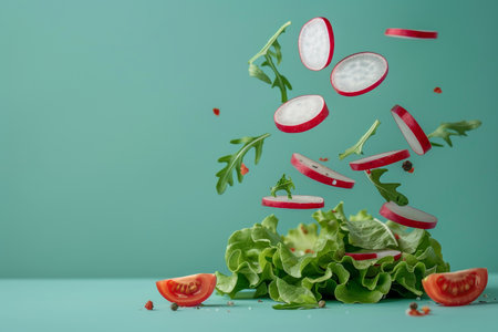 Fresh and healthy salad ingredients on green background  arugula, lettuce, radish, and tomatoの素材
