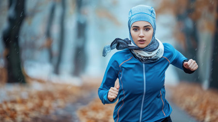 Diverse middle eastern woman in tracksuit and turban running, symbolizing health and inclusivityの素材