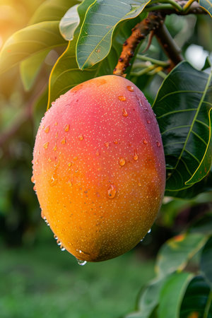 Close up of fresh mango fruit on tree with dew drops, ideal for banner with copy spaceの素材