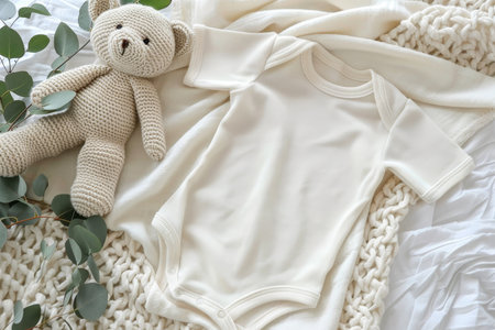 Baby onesie mockup  white cotton bodysuit with teddy bear and eucalyptus on ivory blanketの素材