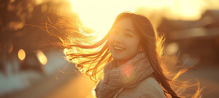 Active asian woman running outdoors for health, fitness, and happiness in a refreshing workoutの素材