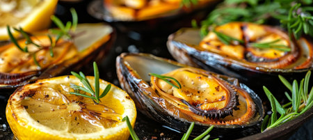 Traditional mediterranean grilled mussels on elegant black plate, exquisite seafood dishの素材