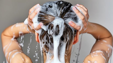 Woman using shampoo and shower in bathroom to cleanse, nourish, and care for her hairの素材
