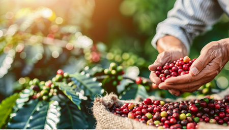 Hand picking arabica and robusta coffee berries in agriculture for optimal harvest resultsの素材
