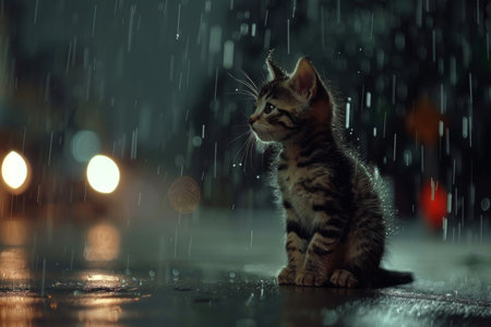Lonely stray kitten seeking shelter in the rain, hoping for pet adoption, rescue, and charity helpの素材
