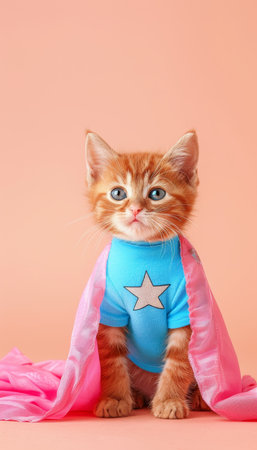 Superhero cat in costume flying and gazing away in amusing pose on pastel backgroundの素材