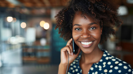 Cheerful businesswoman engaging in discussion on phone with coworker in office environmentの素材