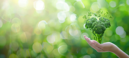 Close up of hand holding broccoli floret with blurred background, ideal for text placementの素材