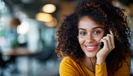 Cheerful female executive engaged in a phone conversation with a colleague in an office settingの素材