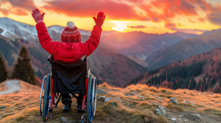 Young boy in wheelchair enjoys sunset, raises arms joyfully with mountains in the backgroundの素材