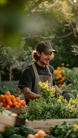 Anonymous chef gathering ripe organic vegetables in a picturesque rural farm settingの素材