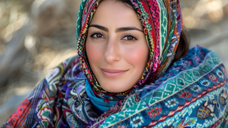 Colorful hijab fashion shoot, modern muslim woman in trendy outfit for arab women, wide banner viewの素材