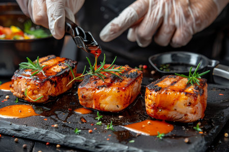 Gourmet chef cooking grilled steak in rich butter lemon or spicy cajun sauce with herbsの素材