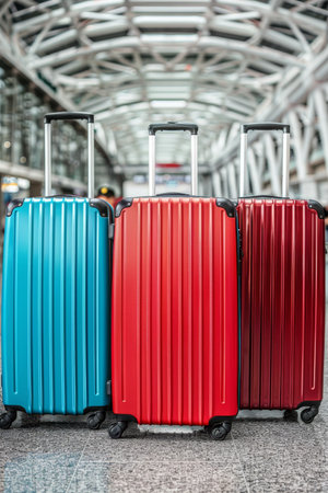 Business travel schedule and flight booking for vacation concept with luggage suitcases at airportの素材