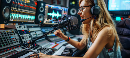 Joyful radio presenter broadcasting live in studio with microphone, engaging audienceの素材