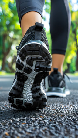 Woman in sneakers strolling in urban park on sunny summer day, enjoying the outdoorsの素材