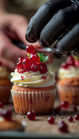 Pastry chef s hands in black gloves decorating cupcakes with cream cheese frosting and red berriesの素材