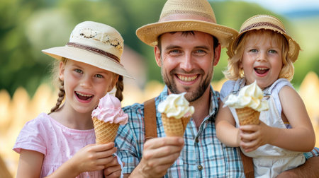 Joyful father and children enjoying ice cream in city park, ideal for text copy, blurred backgroundの素材