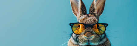 Cool easter bunny rabbit wearing sunglasses gives thumbs up on pastel backgroundの素材
