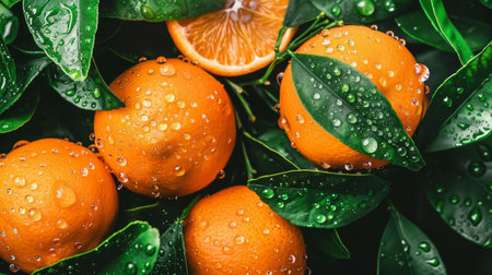 Close up of fresh orange fruit with dew drops on tree, ideal as wide banner with copy spaceの素材