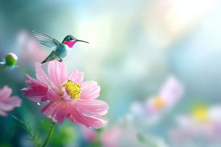 Elegantly vibrant hummingbirds in flight, skillfully targeting the colorful essence of flower nectarの素材