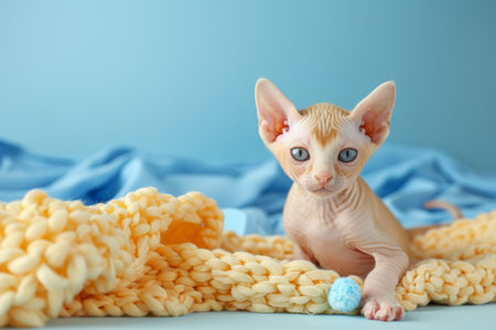 Minimalist portrait of sphynx kitten on blue background, precious hairless egyptian cat posesの素材