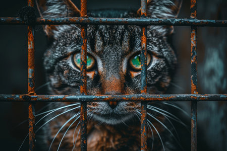 Lonely stray cat in shelter cage  abandoned feline behind rusty bars, seeking homeの素材