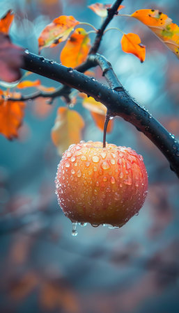 Macro close up of fresh apple with water droplets on tree   wide banner with space for textの素材
