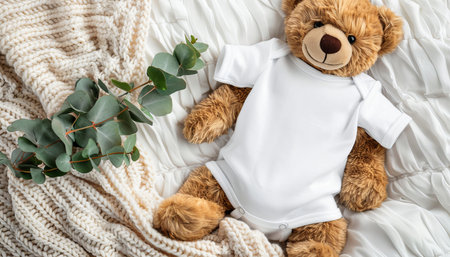 Baby bodysuit mockup with teddy bear and eucalyptus on ivory blanket for clothing templateの素材
