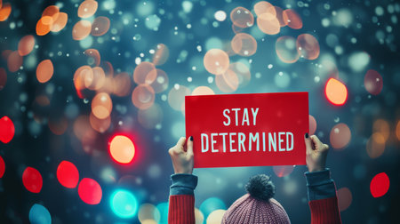 Motivational concept  woman holding sign  stay determined  on abstract blurred background.の素材