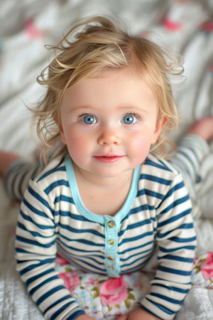 Adorable baby girl peacefully lying on a soft white bed with a blurred backgroundの素材