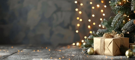Festive christmas tree with gifts against dark gray wall, blurred lights, copy spaceの素材