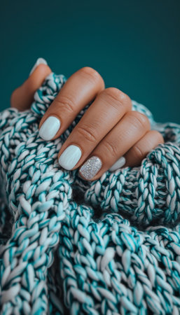 Feminine hand with stylish white nail art and glitter polish, pastel sweater fashionの素材
