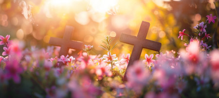 Symbolic easter scene  cross on empty tomb at sunrise in peaceful meadow settingの素材