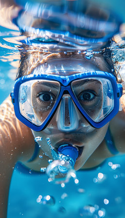 Woman snorkeling solo in the crystal clear waters of a remote tropical island paradiseの素材
