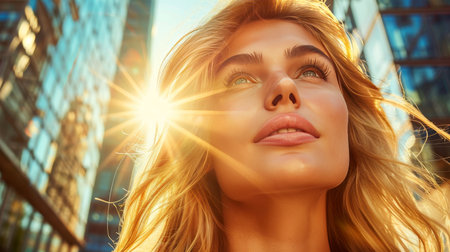 Elegant model with flawless makeup against modern architecture, perfect for luxury brand promotionsの素材