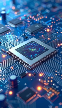 Electronic computer hardware technology on a circuit board background for tech enthusiastsの素材