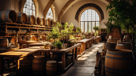 Artisanal craft beer brewery in rustic countryside barn for local brew promotionの素材