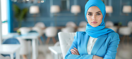 Graceful hijab wearing woman on softly blurred backdrop, a perfect setting for adding textの素材