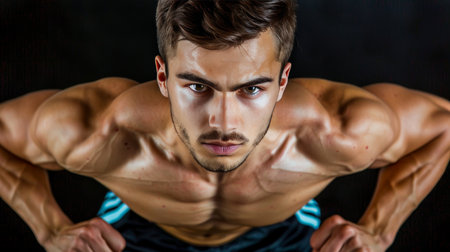 Young european man demonstrating strength and determination in dynamic fitness sessionの素材