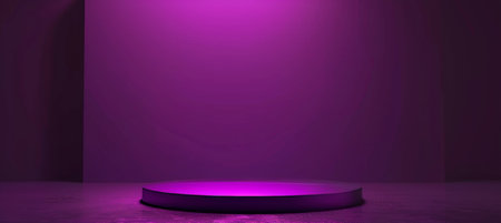 Dark purple podium on light stage for product display with spotlight on abstract wall and floorの素材