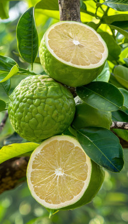 Detailed close up view of a vibrant and fresh pomelo fruit captured in a macro shotの素材
