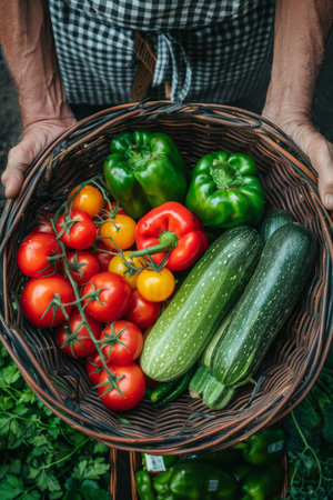 Unidentified chef harvesting ripe organic vegetables at a picturesque rural farmの素材