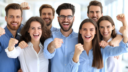 Colleagues celebrating success in modern office with copy space on blurred backgroundの素材