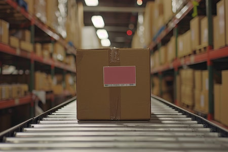 Automated logistics conveyor system in warehouse with cardboard boxes for e commerce deliveryの素材