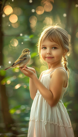Young girl gently holding a small bird, symbolizing care and animal protection advocacyの素材